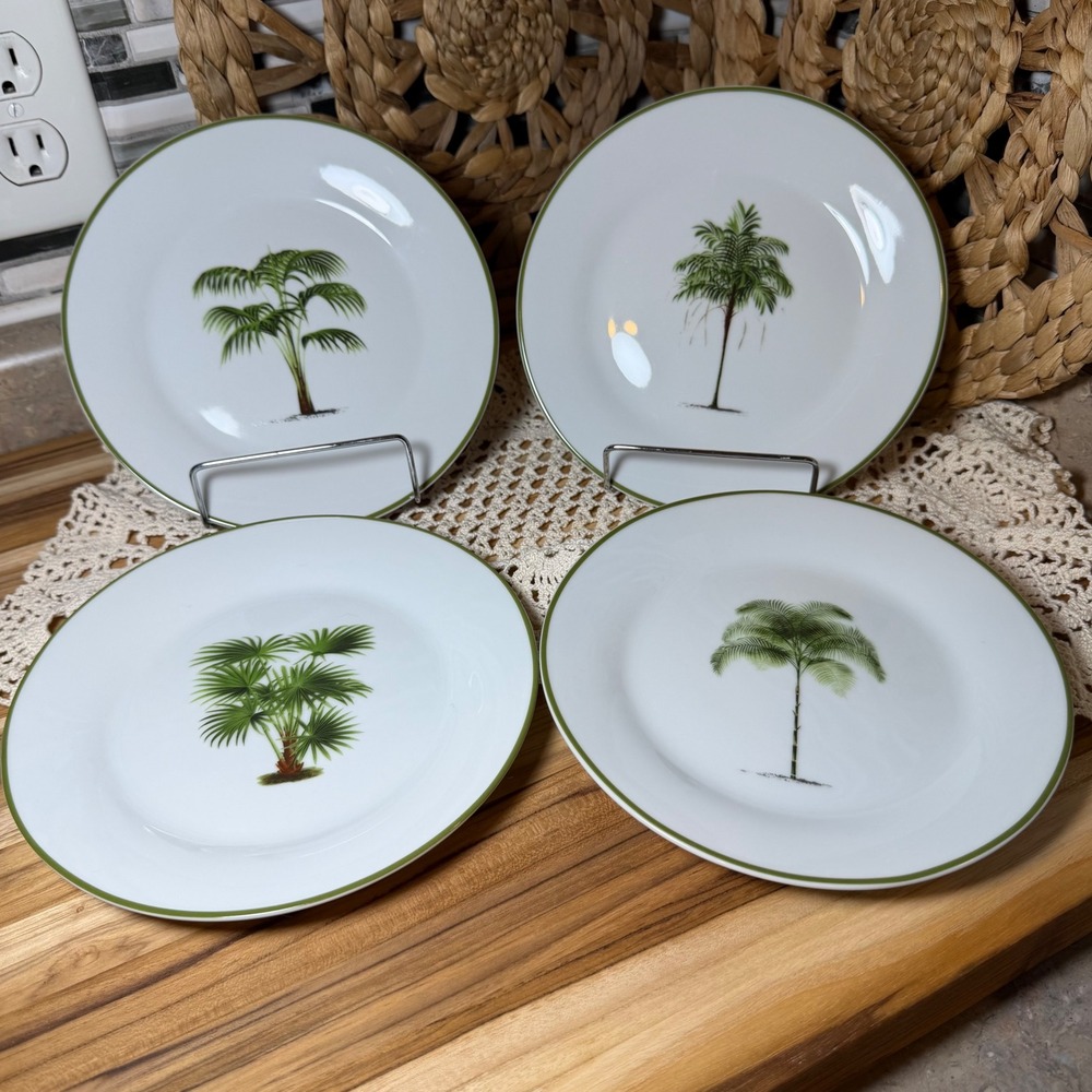 Pottery Barn Palm Tree Salad Plates Set of 4 Botanical Tropical Green White